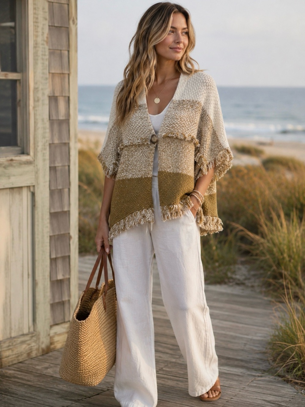 World Market OS Brown-cream fringe Bohemian chic oversized one button shawl